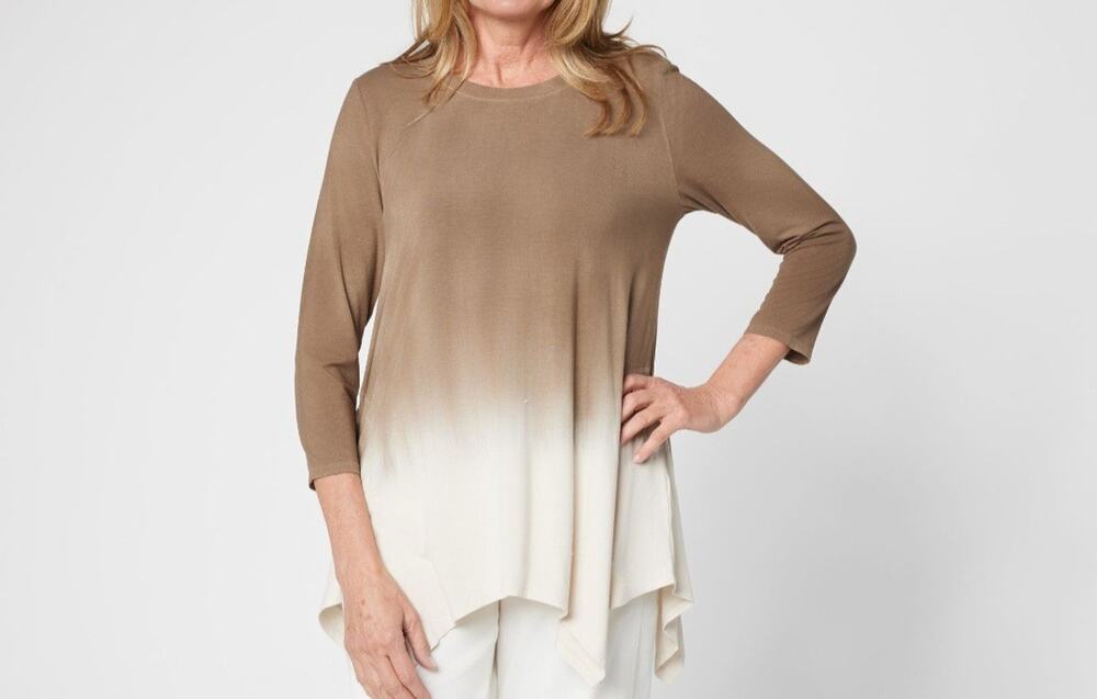 Logo Lori Goldstein Dye Effect ScoopNeck Tee Petite XS Cream Cashew A716309 NWOT